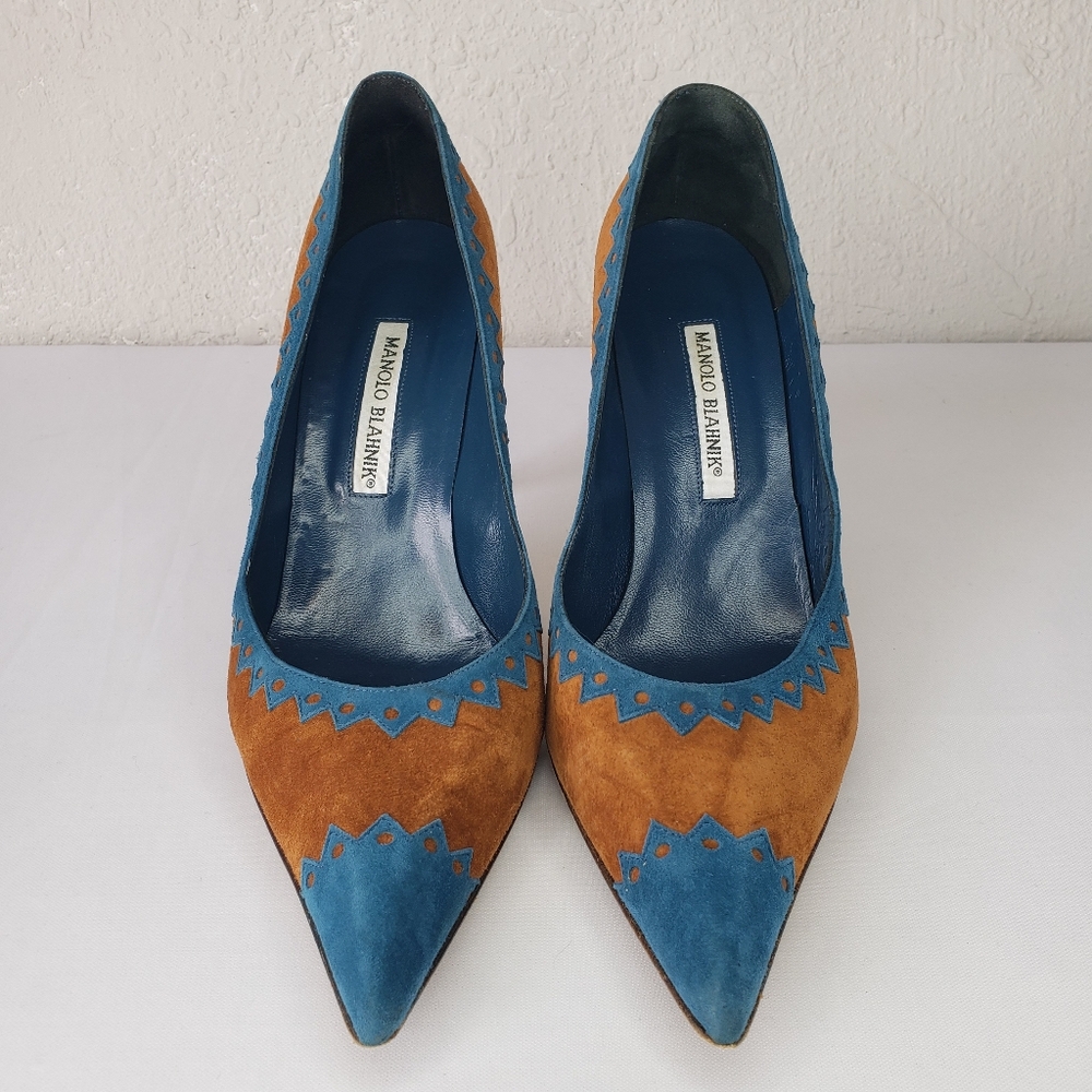 Manolo Blahnik Teal Tan Heels Pointy Toe - Picture 4 of 12